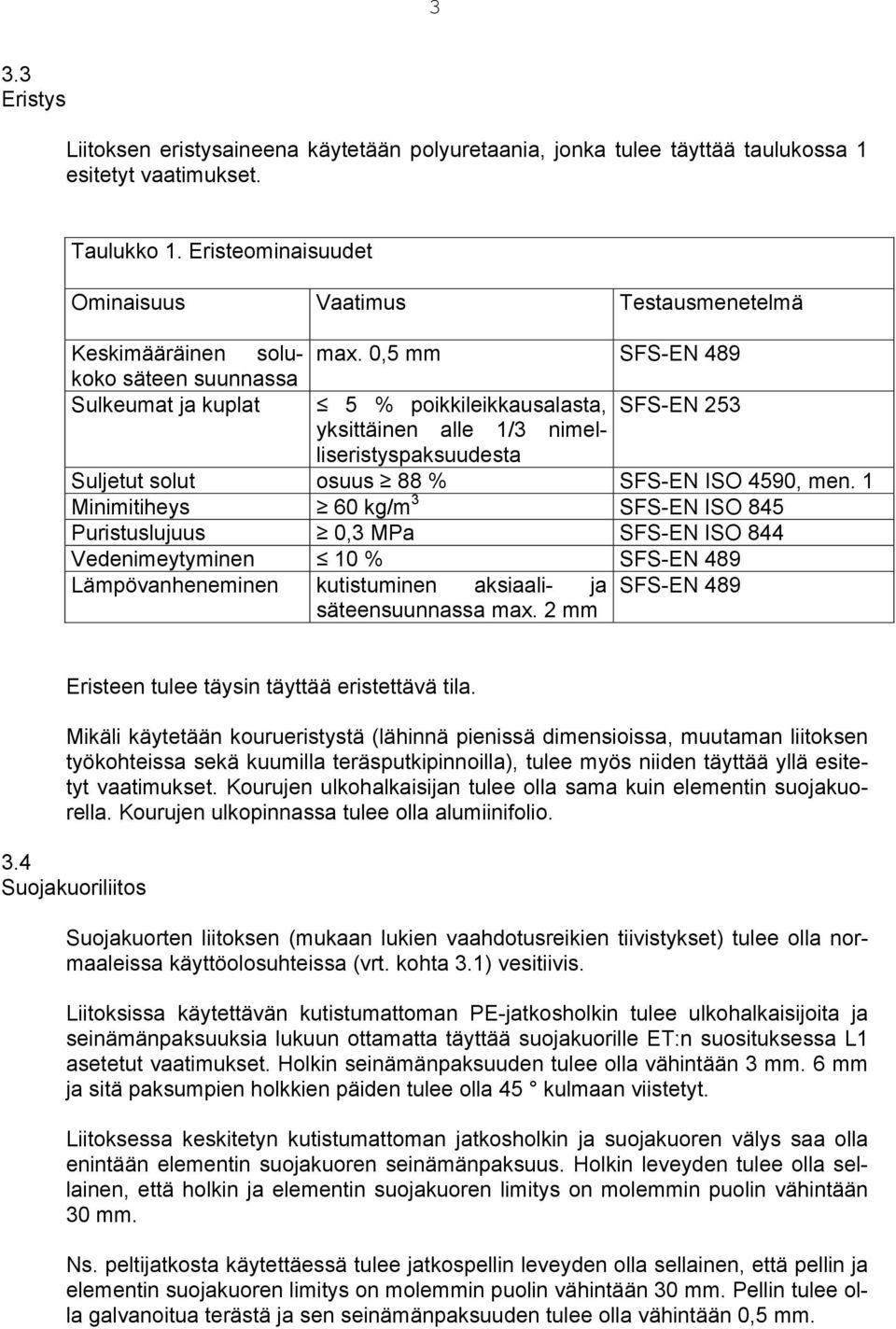 0,5 mm SFS-EN 489 5 % poikkileikkausalasta, yksittäinen alle 1/3 nimelliseristyspaksuudesta SFS-EN 253 Suljetut solut osuus 88 % SFS-EN ISO 4590, men.