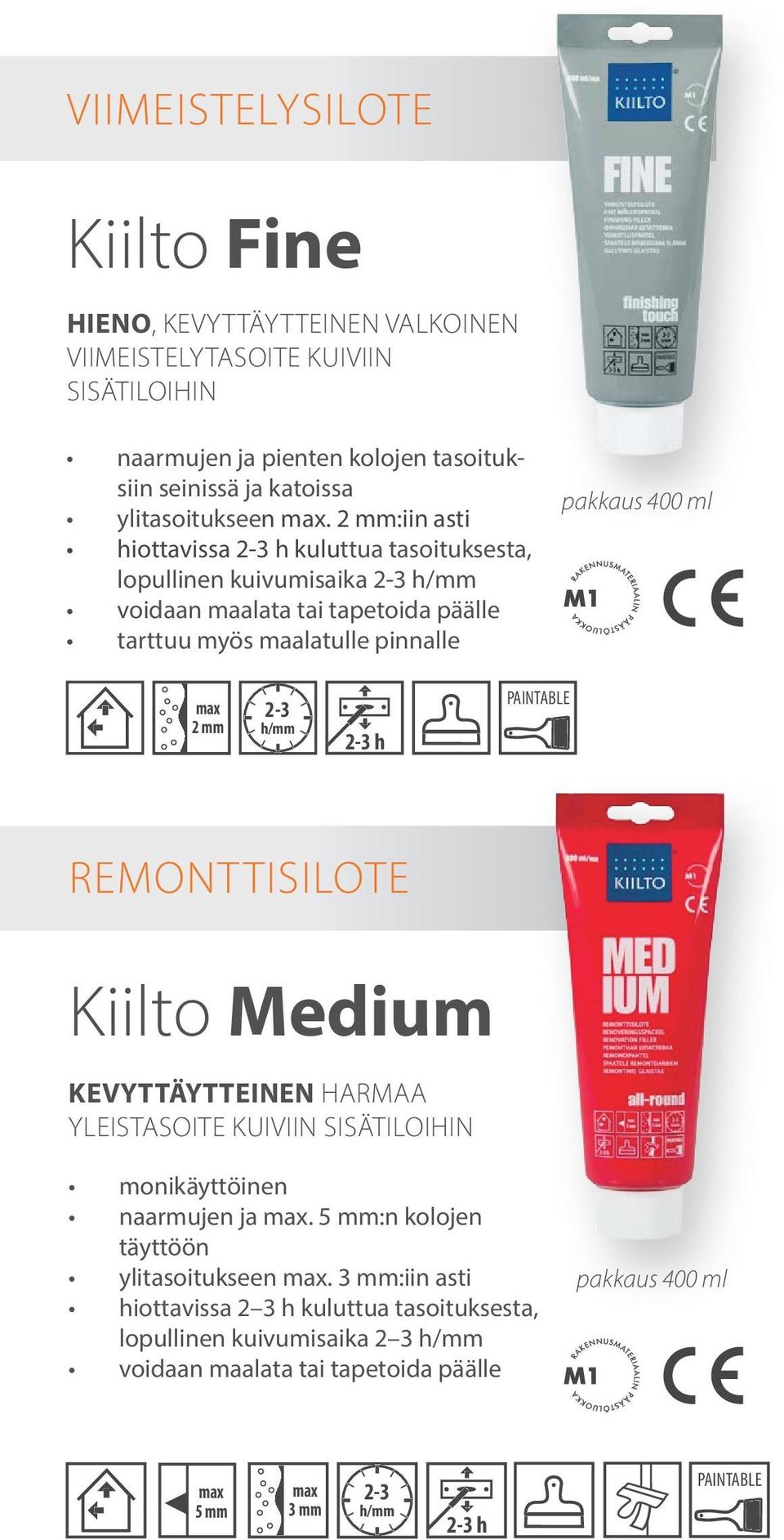 2 mm:iin asti hiottavissa h kuluttua tasoituksesta, lopullinen kuivumisaika voidaan maalata tai tapetoida päälle tarttuu myös maalatulle pinnalle pakkaus 400 ml 2 mm h