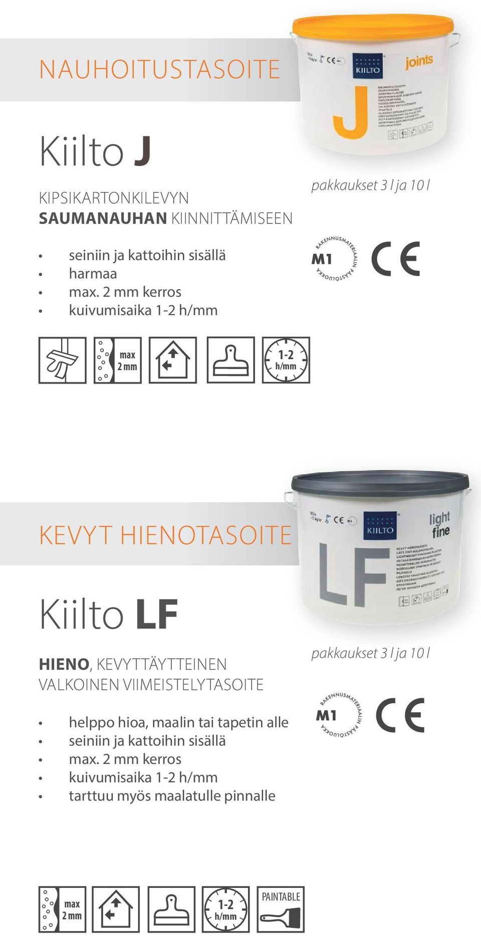 2 mm kerros kuivumisaika 1-2 2 mm 1-2 KEVYT HIENOTASOITE Kiilto LF HIENO, KEVYTTÄYTTEINEN VALKOINEN