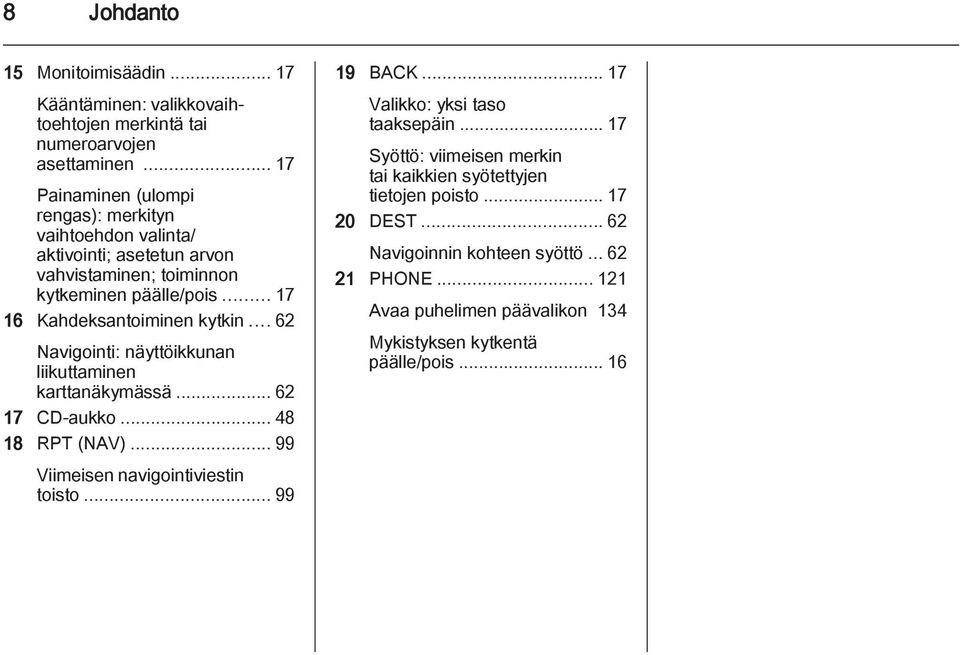 .. 62 Navigointi: näyttöikkunan liikuttaminen karttanäkymässä... 62 17 CD-aukko... 48 18 RPT (NAV)... 99 Viimeisen navigointiviestin toisto... 99 19 BACK.