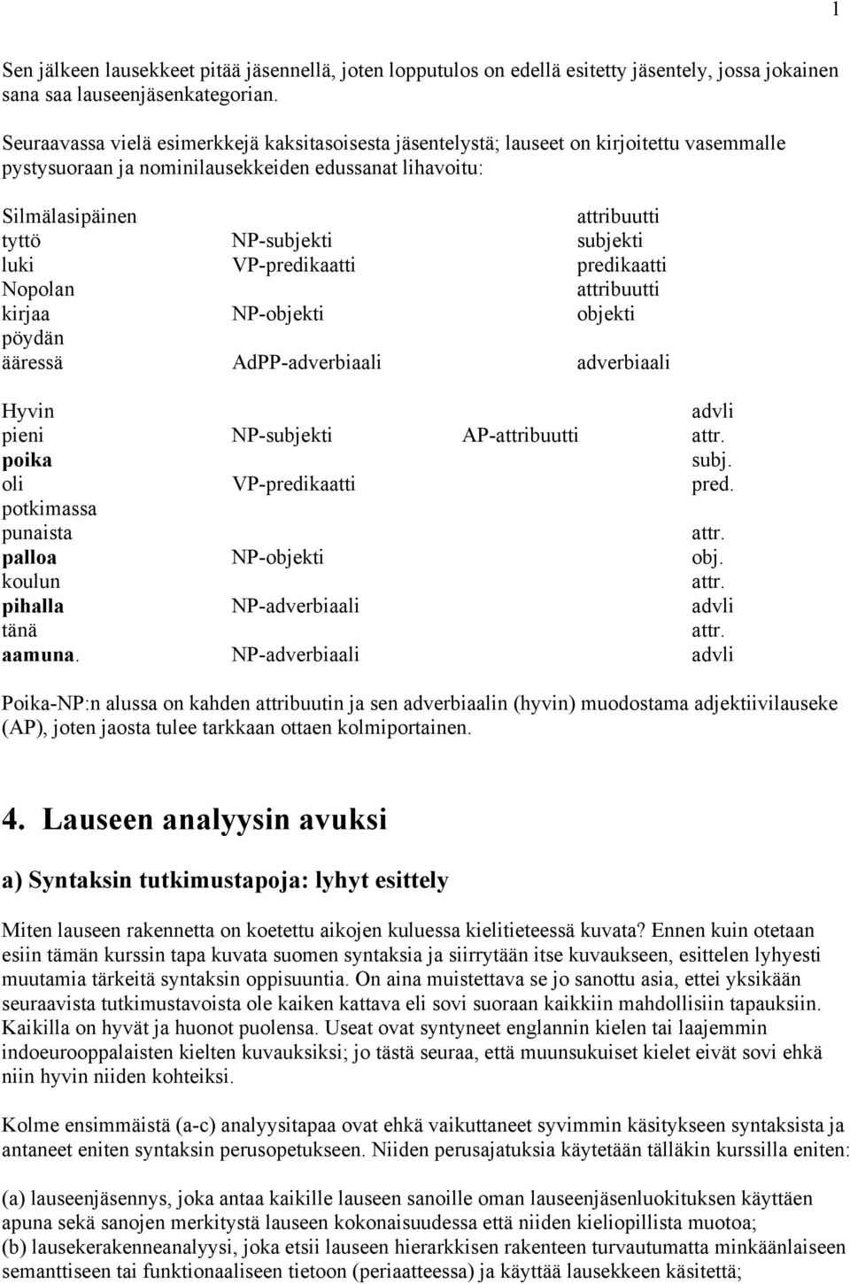 subjekti luki VP-predikaatti predikaatti Nopolan attribuutti kirjaa NP-objekti objekti pöydän ääressä AdPP-adverbiaali adverbiaali Hyvin advli pieni NP-subjekti AP-attribuutti attr. poika subj.