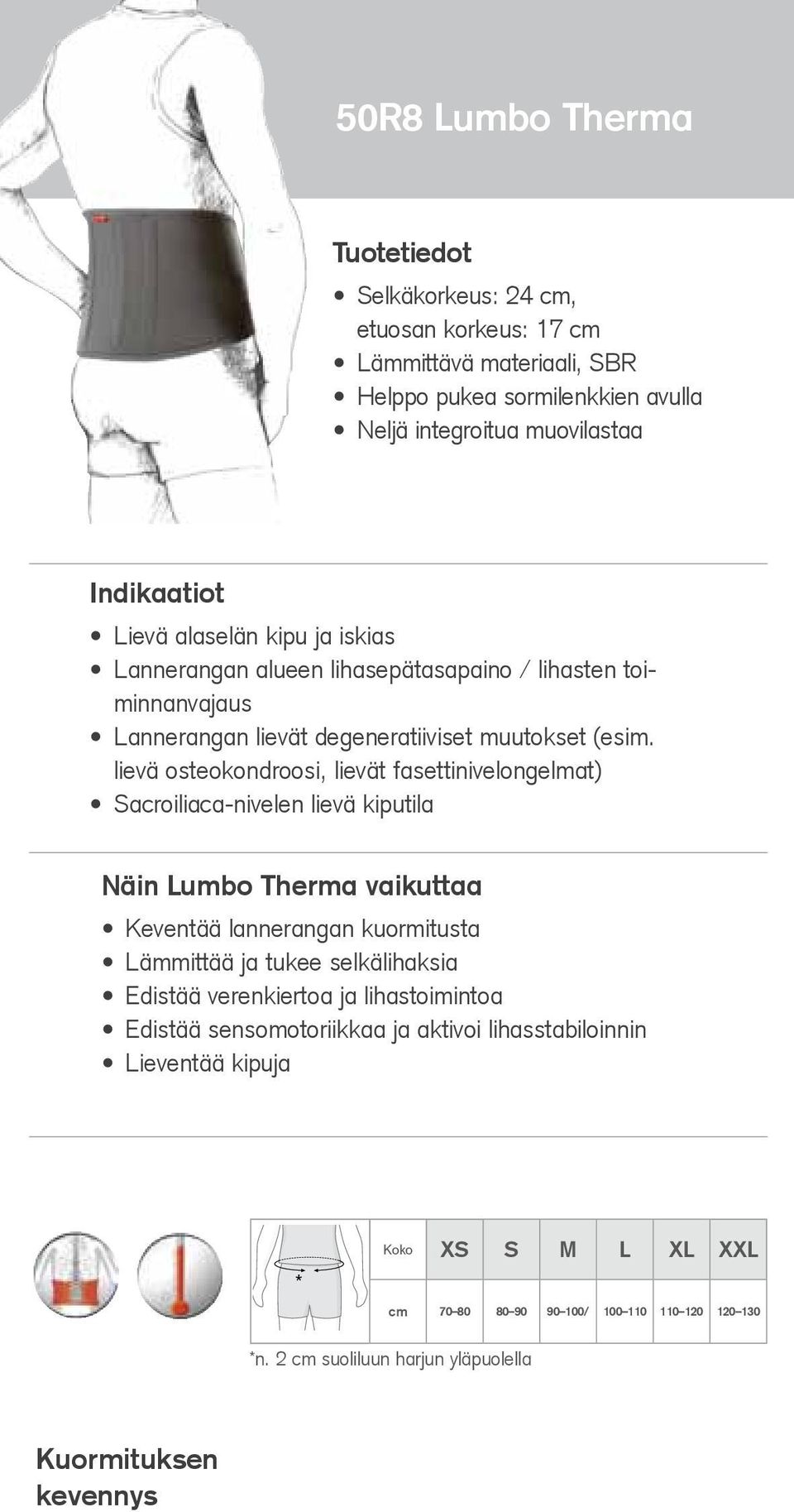 lievä osteokondroosi, lievät fasettinivelongelmat) Sacroiliaca-nivelen lievä kiputila Näin Lumbo Therma vaikuttaa Keventää lannerangan kuormitusta Lämmittää ja tukee selkälihaksia