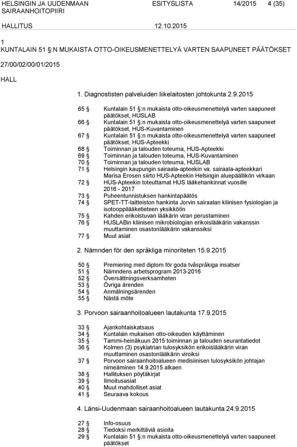 51 :n mukaista otto-oikeusmenettelyä varten saapuneet päätökset, HUS-Apteekki 68 Toiminnan ja talouden toteuma, HUS-Apteekki 69 Toiminnan ja talouden toteuma, HUS-Kuvantaminen 70 Toiminnan ja