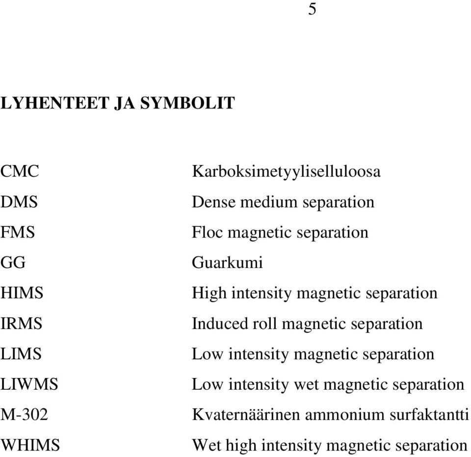 magnetic separation LIMS Low intensity magnetic separation LIWMS Low intensity wet magnetic