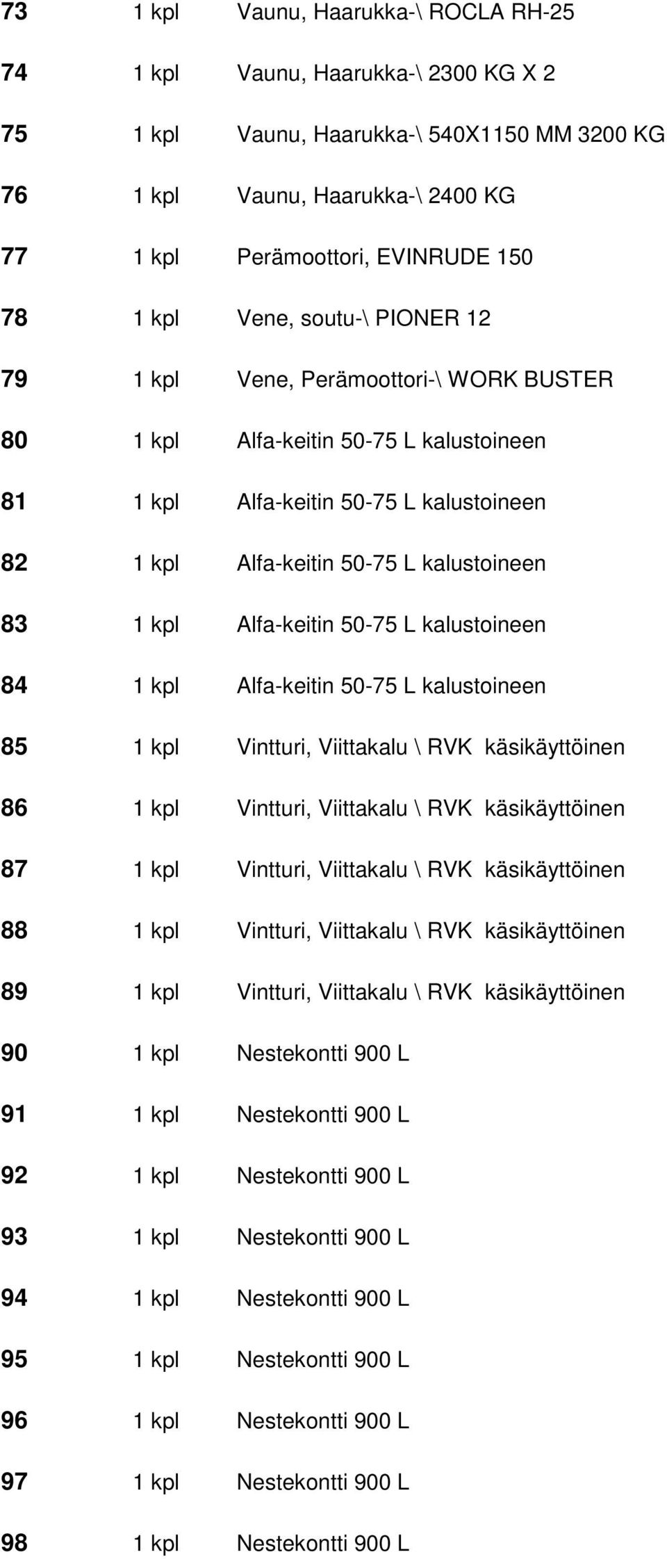 83 1 kpl Alfa-keitin 50-75 L kalustoineen 84 1 kpl Alfa-keitin 50-75 L kalustoineen 85 1 kpl Vintturi, Viittakalu \ RVK käsikäyttöinen 86 1 kpl Vintturi, Viittakalu \ RVK käsikäyttöinen 87 1 kpl