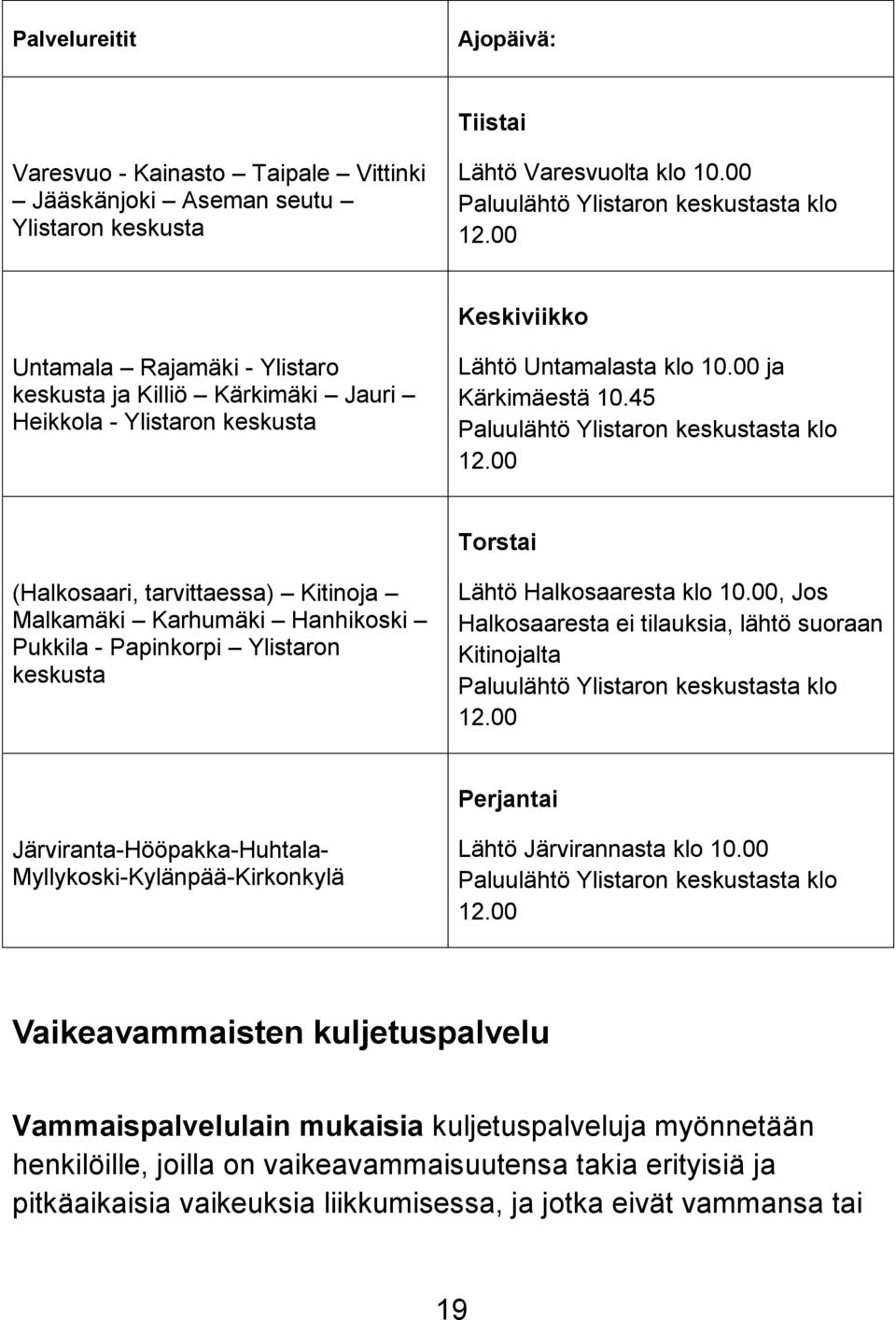 00 Torstai (Halkosaari, tarvittaessa) Kitinoja Malkamäki Karhumäki Hanhikoski Pukkila - Papinkorpi Ylistaron keskusta Lähtö Halkosaaresta klo 10.