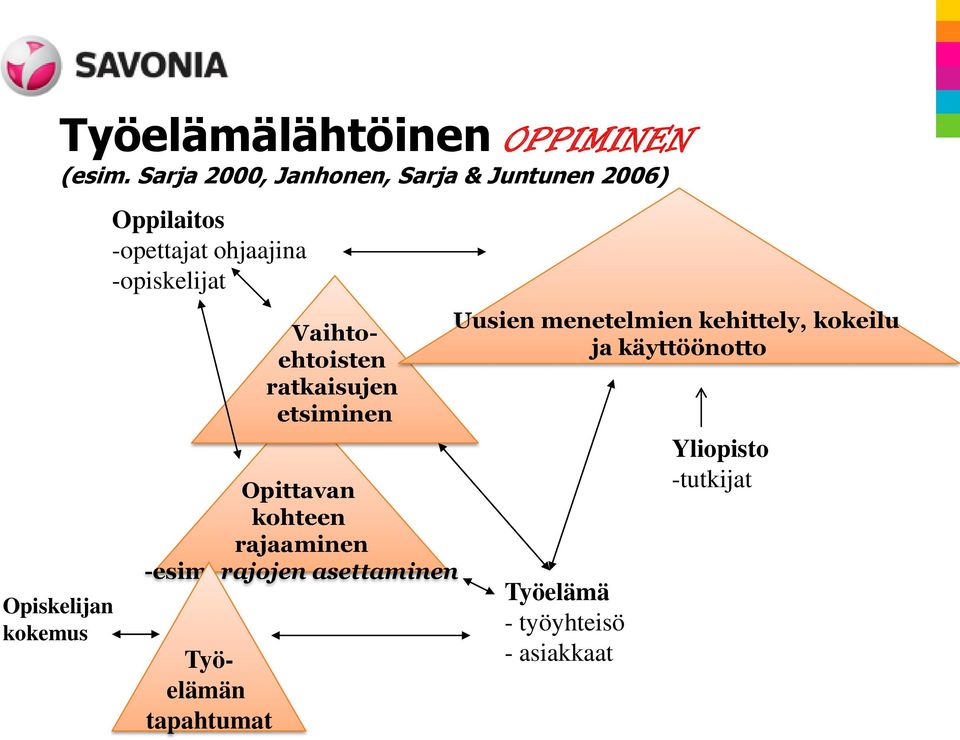 ohjaajina -opiskelijat Vaihtoehtoisten ratkaisujen etsiminen Opittavan kohteen rajaaminen