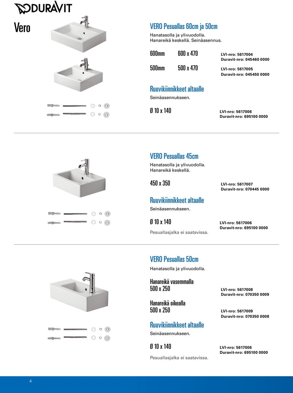 Ø 10 x 140 LVI-nro: 5617006 Duravit-nro: 695100 0000 Vero Pesuallas 45cm Hanatasolla ja ylivuodolla. Hanareikä keskellä.