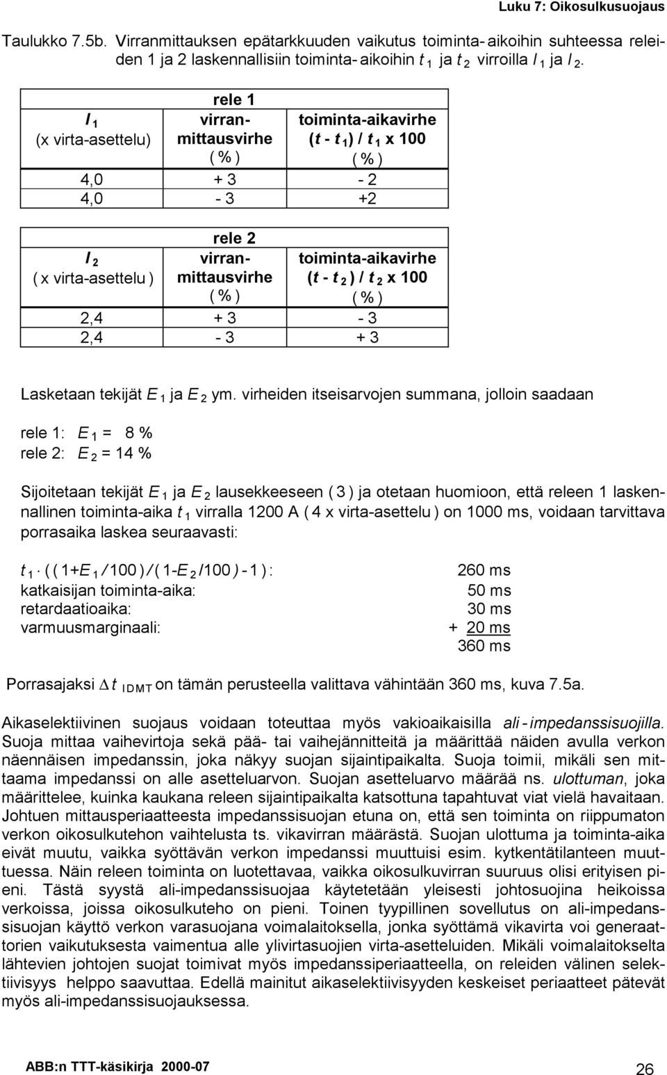 toiminta-aikavirhe (t - t 2 ) / t 2 x 100 (%) Lasketaan tekijät E 1 ja E 2 ym.