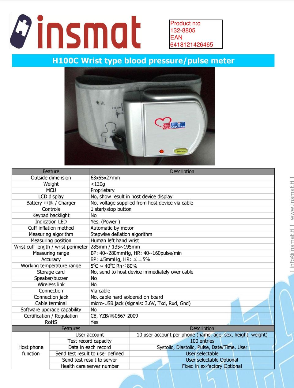 supplied from host device via cable Controls 1 start/stop button Keypad backlight Indication LED, (Power ) Cuff inflation method Automatic by motor Measuring algorithm Stepwise deflation algorithm