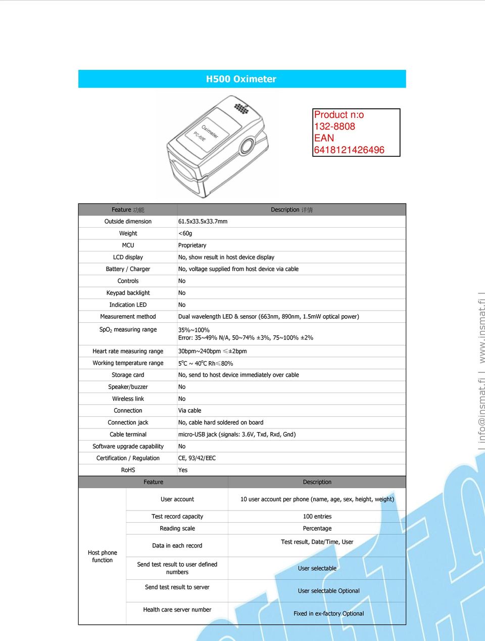, Hi-Tech Industrial Park, NanShan District, ShenZhen, PRC 功 能 详 情 Outside dimension Weight LCD display Battery / Charger Controls Keypad backlight Indication LED Measurement method SpO 2 measuring