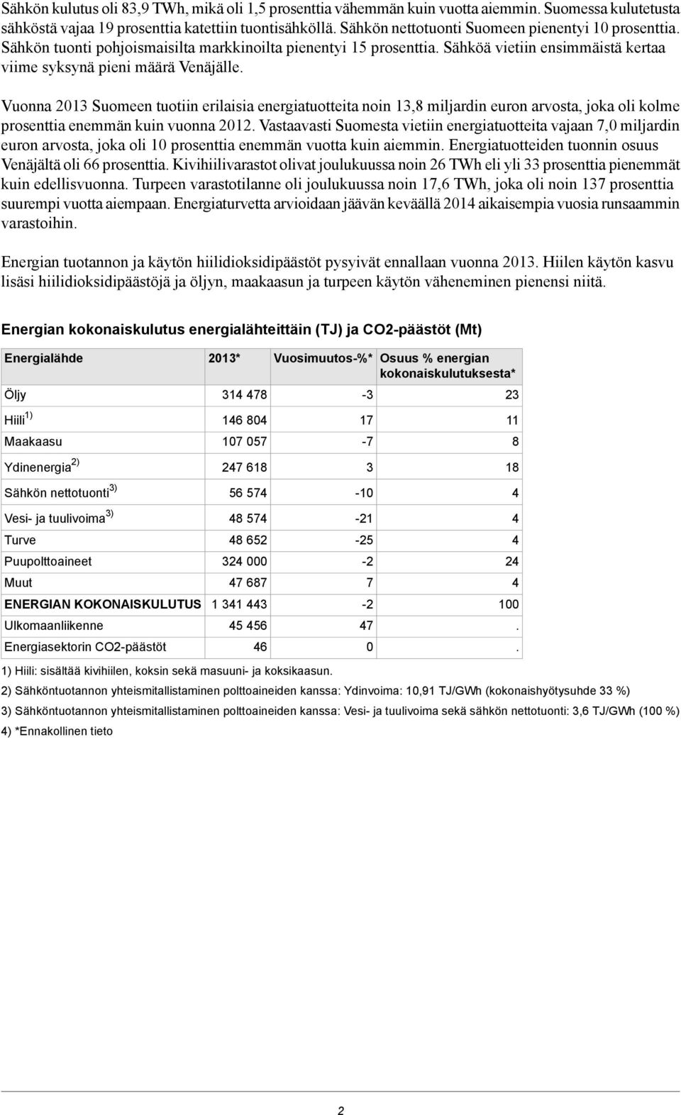 Vuonna 2013 Suomeen tuotiin erilaisia energiatuotteita noin 13,8 miljardin euron arvosta, joka oli kolme prosenttia enemmän kuin vuonna 2012.