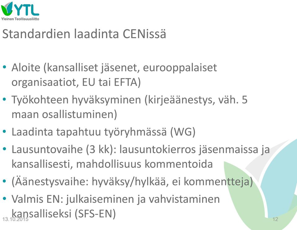 5 maan osallistuminen) Laadinta tapahtuu työryhmässä (WG) Lausuntovaihe (3 kk): lausuntokierros