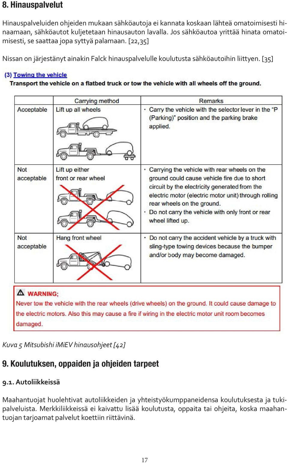 [22,35] Nissan on järjestänyt ainakin Falck hinauspalvelulle koulutusta sähköautoihin liittyen. [35] Kuva 5 Mitsubishi imiev hinausohjeet [42] 9.