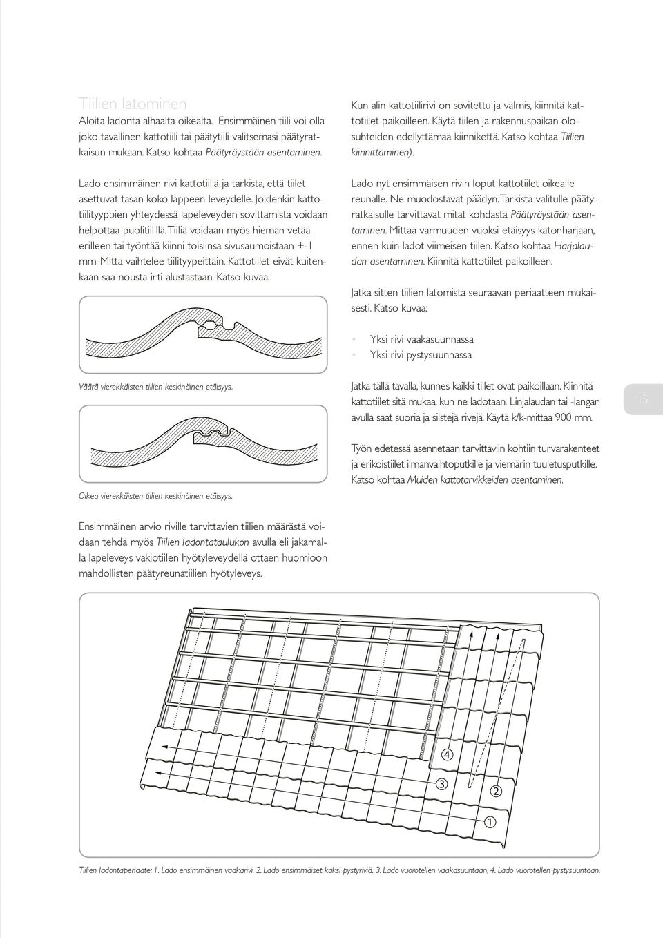 Tiiliä voidaan myös hieman vetää erilleen tai työntää kiinni toisiinsa sivusaumoistaan +-1 mm. Mitta vaihtelee tiilityypeittäin. Kattotiilet eivät kuitenkaan saa nousta irti alustastaan. Katso kuvaa.