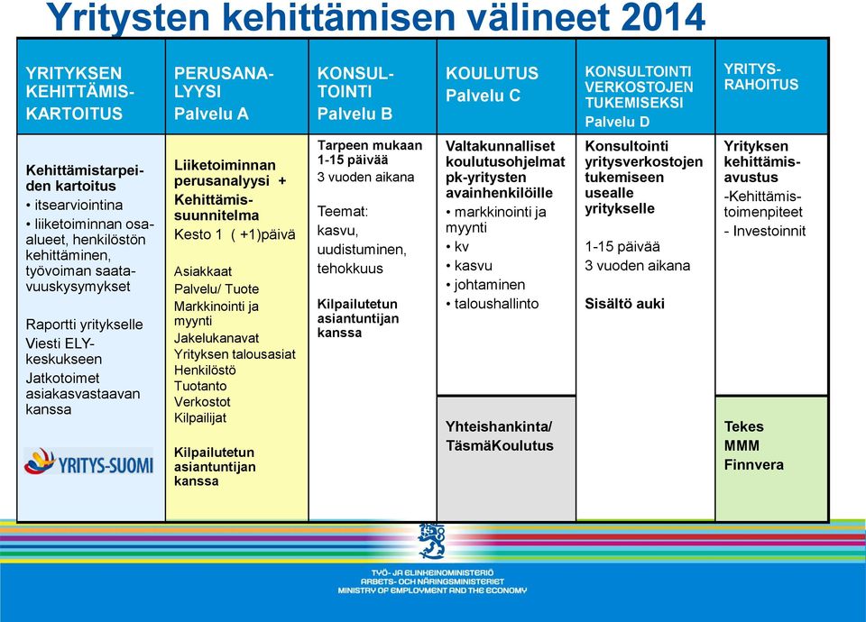 asiakasvastaavan kanssa Liiketoiminnan perusanalyysi + Kehittämissuunnitelma Kesto 1 ( +1)päivä Asiakkaat Palvelu/ Tuote Markkinointi ja myynti Jakelukanavat Yrityksen talousasiat Henkilöstö Tuotanto