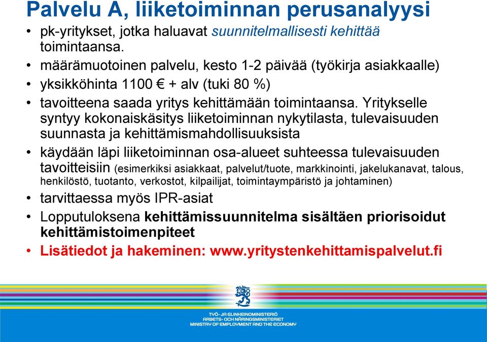 Yritykselle syntyy kokonaiskäsitys liiketoiminnan nykytilasta, tulevaisuuden suunnasta ja kehittämismahdollisuuksista käydään läpi liiketoiminnan osa-alueet suhteessa tulevaisuuden tavoitteisiin