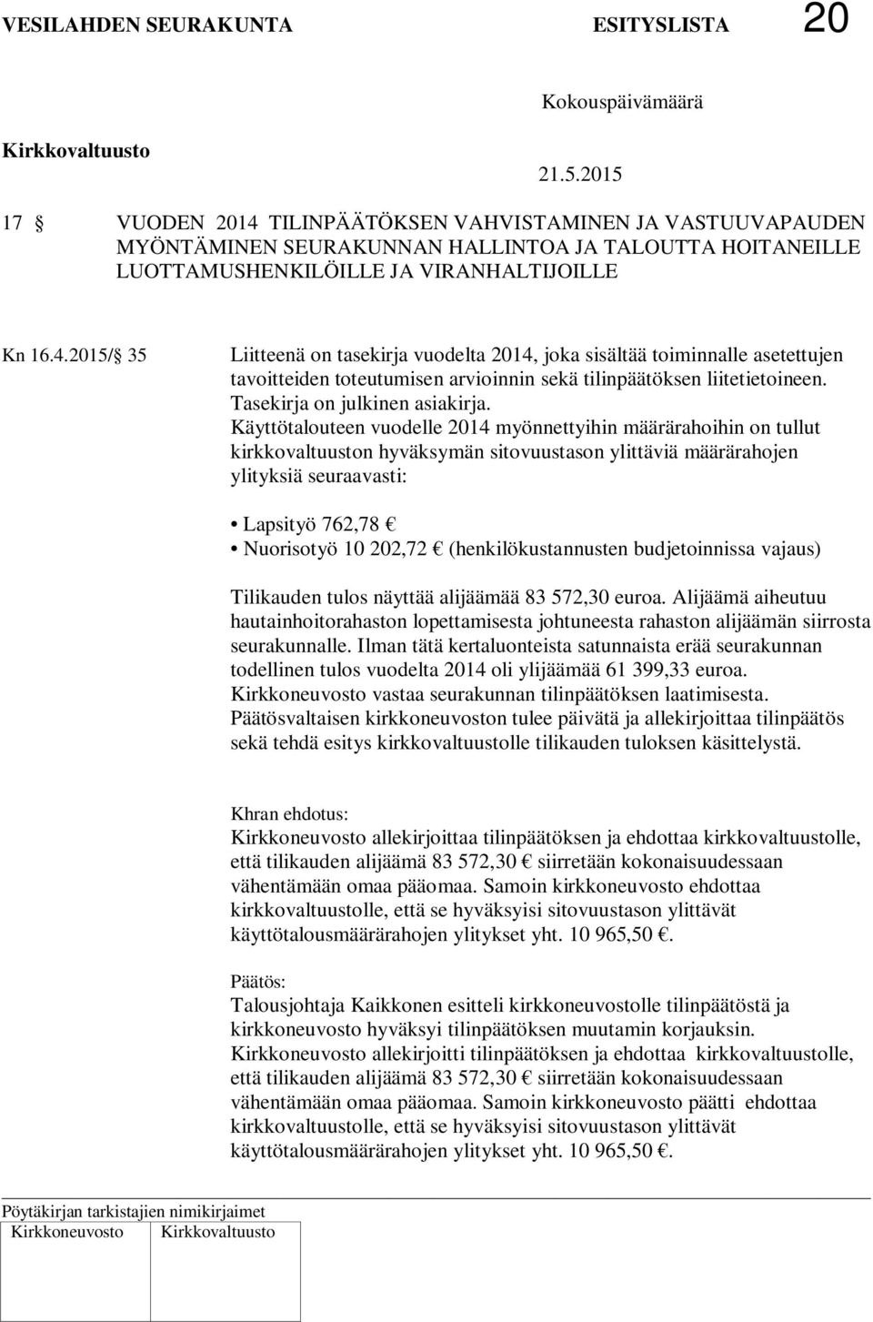 Käyttötalouteen vuodelle 2014 myönnettyihin määrärahoihin on tullut kirkkovaltuuston hyväksymän sitovuustason ylittäviä määrärahojen ylityksiä seuraavasti: Lapsityö 762,78 Nuorisotyö 10 202,72