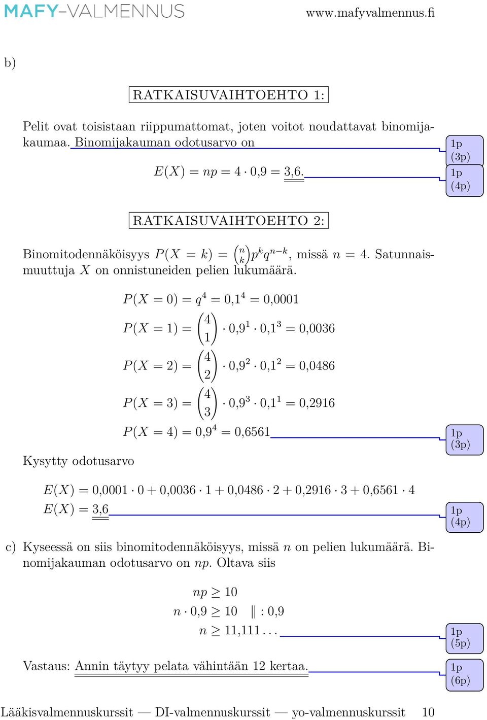 Kysytty odotusarvo P (X = 0) = q 4 = 0, 4 = 0,000 ( ) 4 P (X = ) = 0,9 0, 3 = 0,0036 ( ) 4 P (X = ) = 0,9 0, = 0,0486 ( ) 4 P (X = 3) = 0,9 3 0, = 0,96 3 P (X = 4) = 0,9 4 = 0,656 E(X) = 0,000 0 +