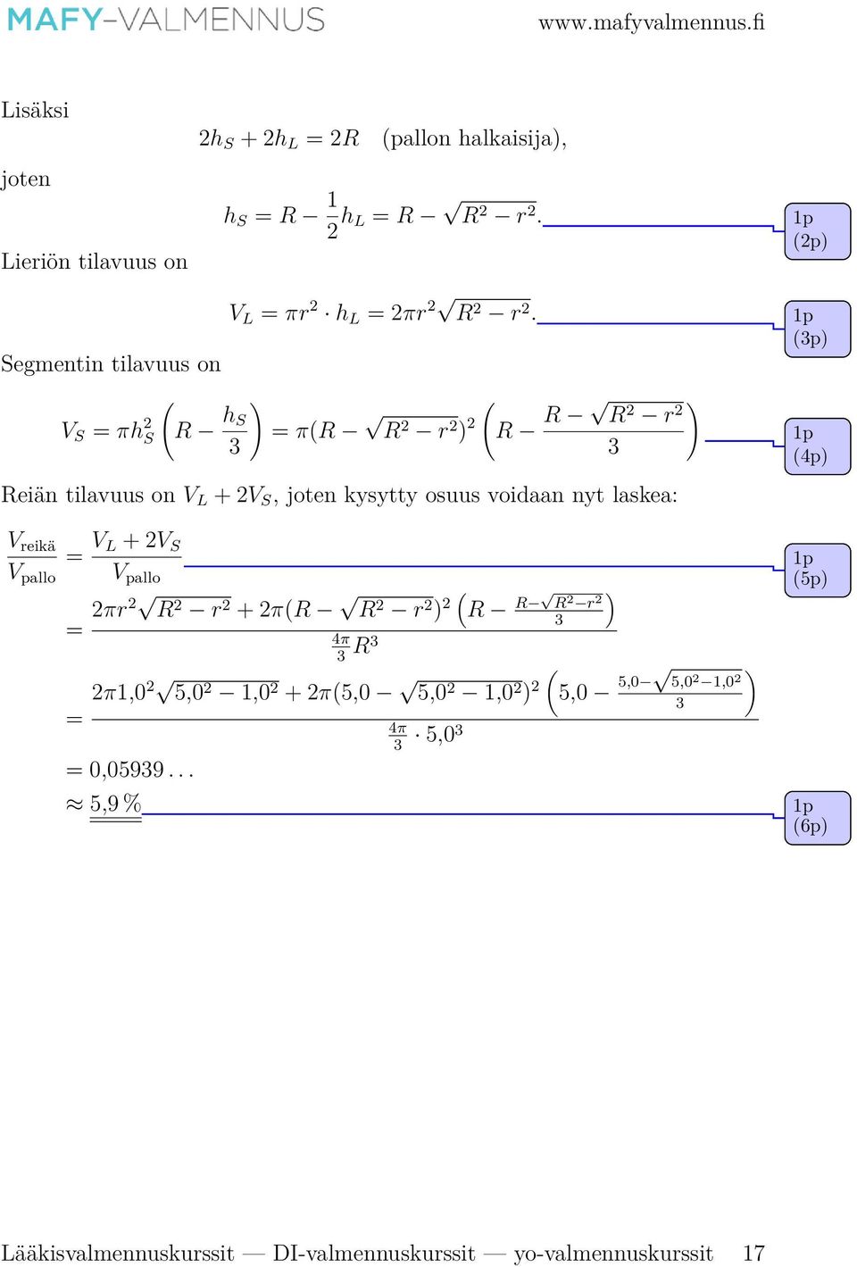 ) = π(r R r ) ( R R R r 3 Reiän tilavuus on V L + V S, joten kysytty osuus voidaan nyt laskea: V reikä = V L + V S V pallo V