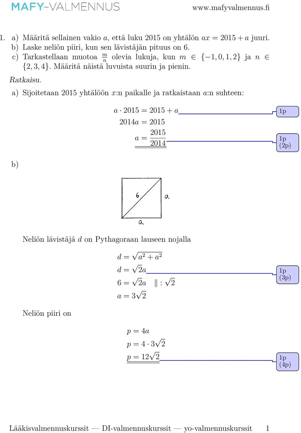 a) Sijoitetaan 05 yhtälöön x:n paikalle ja ratkaistaan a:n suhteen: a 05 = 05 + a 04a = 05 a = 05 04 (p) b) Neliön lävistäjä d on