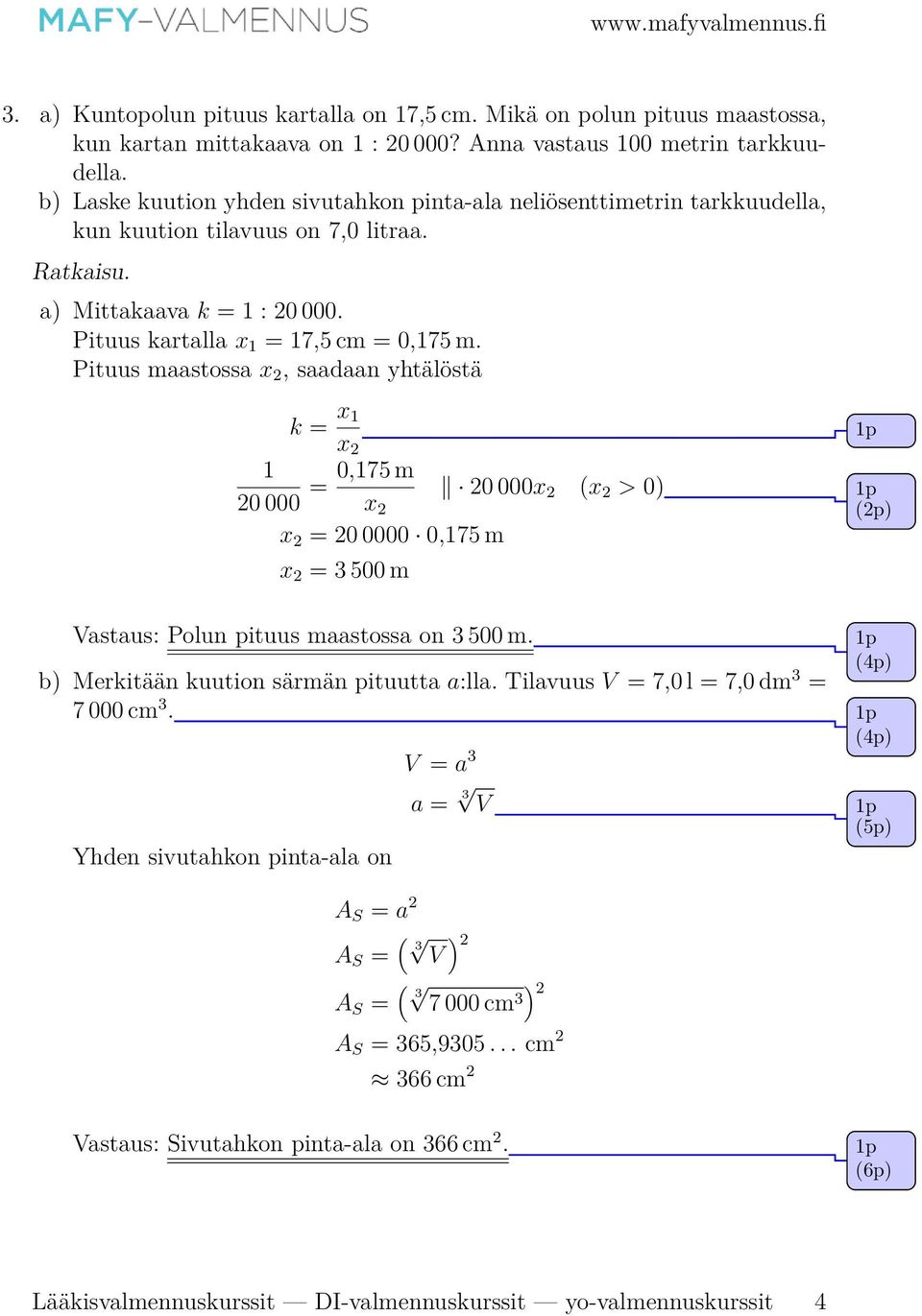 Pituus maastossa x, saadaan yhtälöstä k = x x 0 000 = 0,75 m 0 000x (x > 0) x (p) x = 0 0000 0,75 m x = 3 500 m Vastaus: Polun pituus maastossa on 3 500 m.