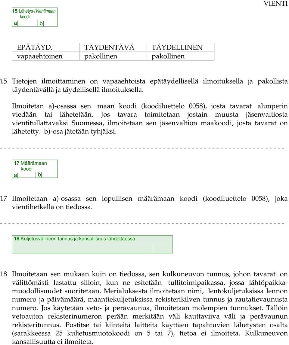 Ilmoitetan a)-osassa sen maan koodi (koodiluettelo 0058), josta tavarat alunperin viedään tai lähetetään.