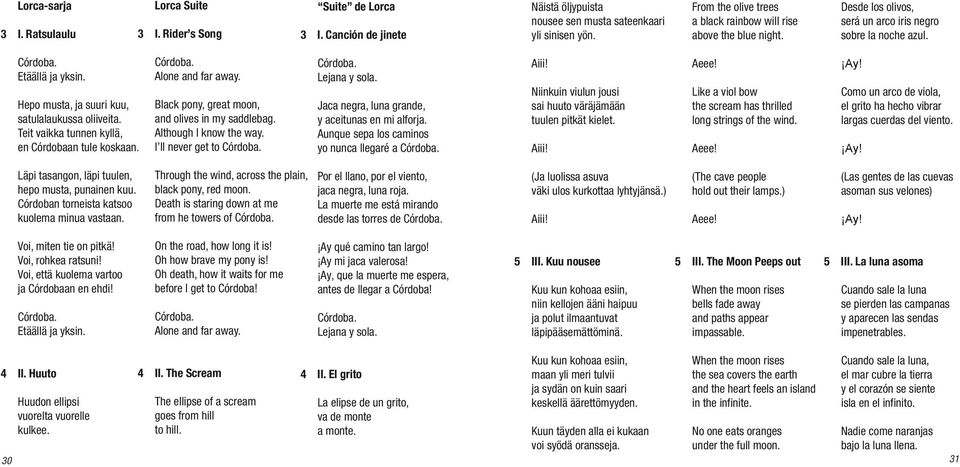 I ll never get to Córdoba. Jaca negra, luna grande, y aceitunas en mi alforja. Aunque sepa los caminos yo nunca llegaré a Córdoba. Läpi tasangon, läpi tuulen, hepo musta, punainen kuu.