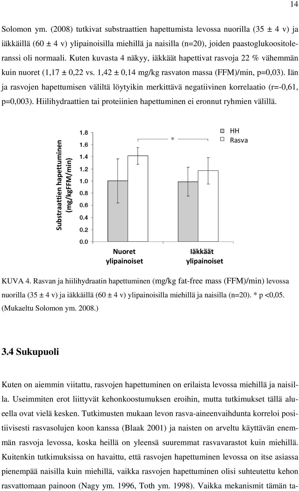Iän ja rasvojen hapettumisen väliltä löytyikin merkittävä negatiivinen korrelaatio (r=-0,61, p=0,003). Hiilihydraattien tai proteiinien hapettuminen ei eronnut ryhmien välillä.