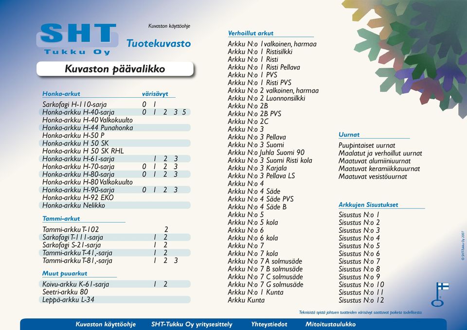 Honka-arkku H-92 EKO Honka-arkku Nelikko Tammi-arkku T-102 2 Sarkofagi T-111-sarja 1 2 Sarkofagi S-21-sarja 1 2 Tammi-arkku T-41,-sarja Tammi-arkku T-81,-sarja 1 2 1 2 3 Koivu-arkku K-61-sarja 1 2