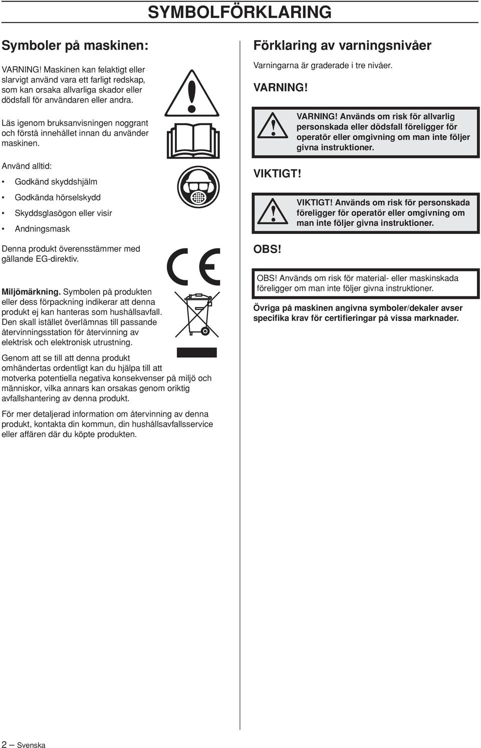 Använd alltid: Godkänd skyddshjälm Godkända hörselskydd Skyddsglasögon eller visir Andningsmask Denna produkt överensstämmer med gällande EG-direktiv. Miljömärkning.
