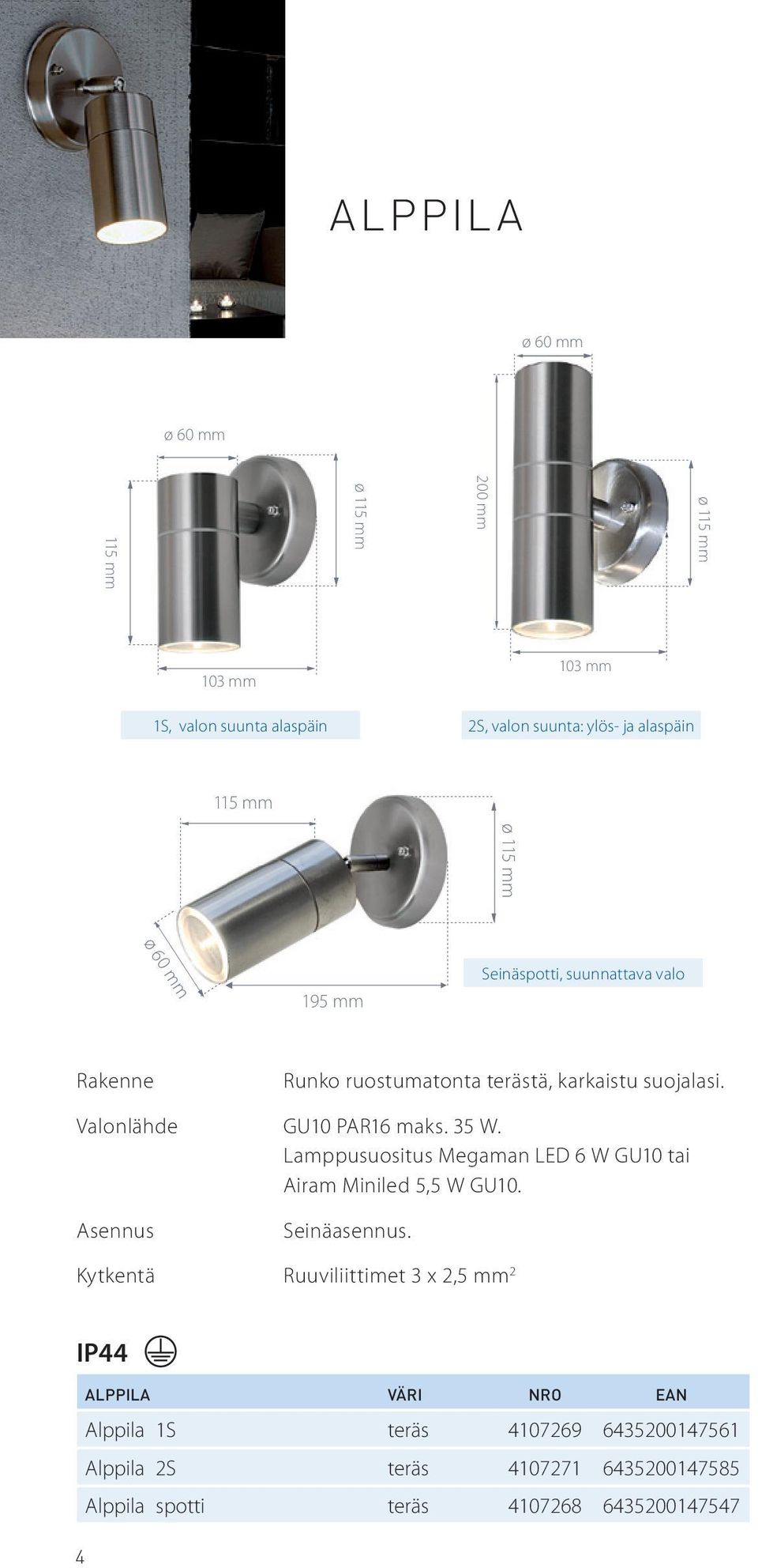 Lamppusuositus Megaman LED 6 W GU10 tai Airam Miniled 5,5 W GU10. Seinäasennus.