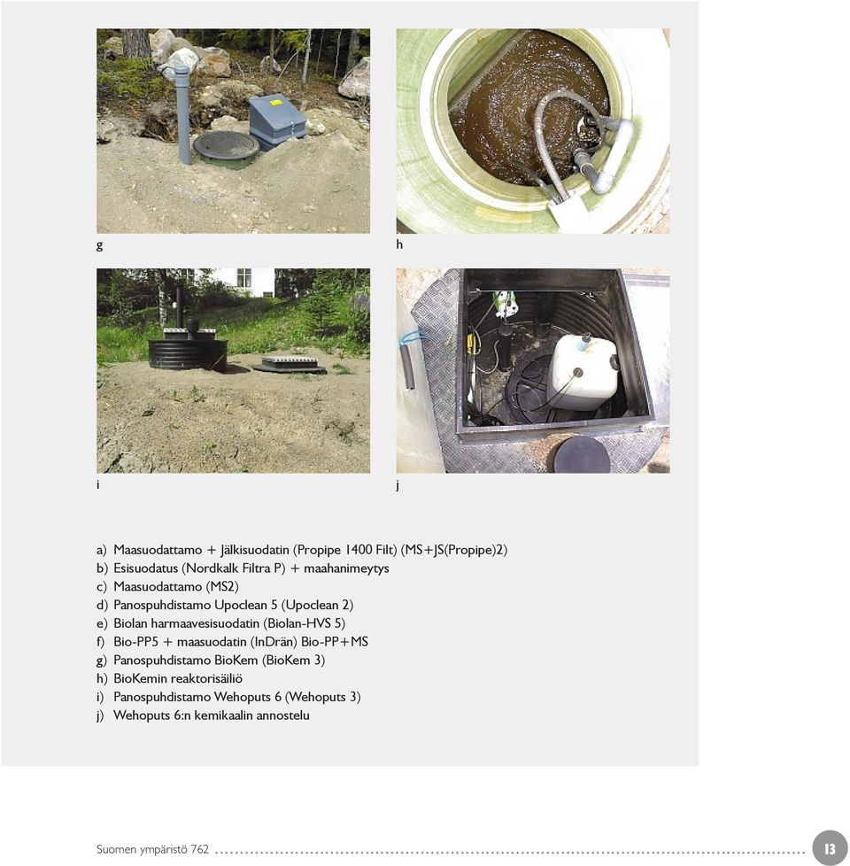 harmaavesisuodatin (Biolan-HVS 5) f) Bio-PP5 + maasuodatin (InDrän) Bio-PP+MS g) Panospuhdistamo BioKem (BioKem