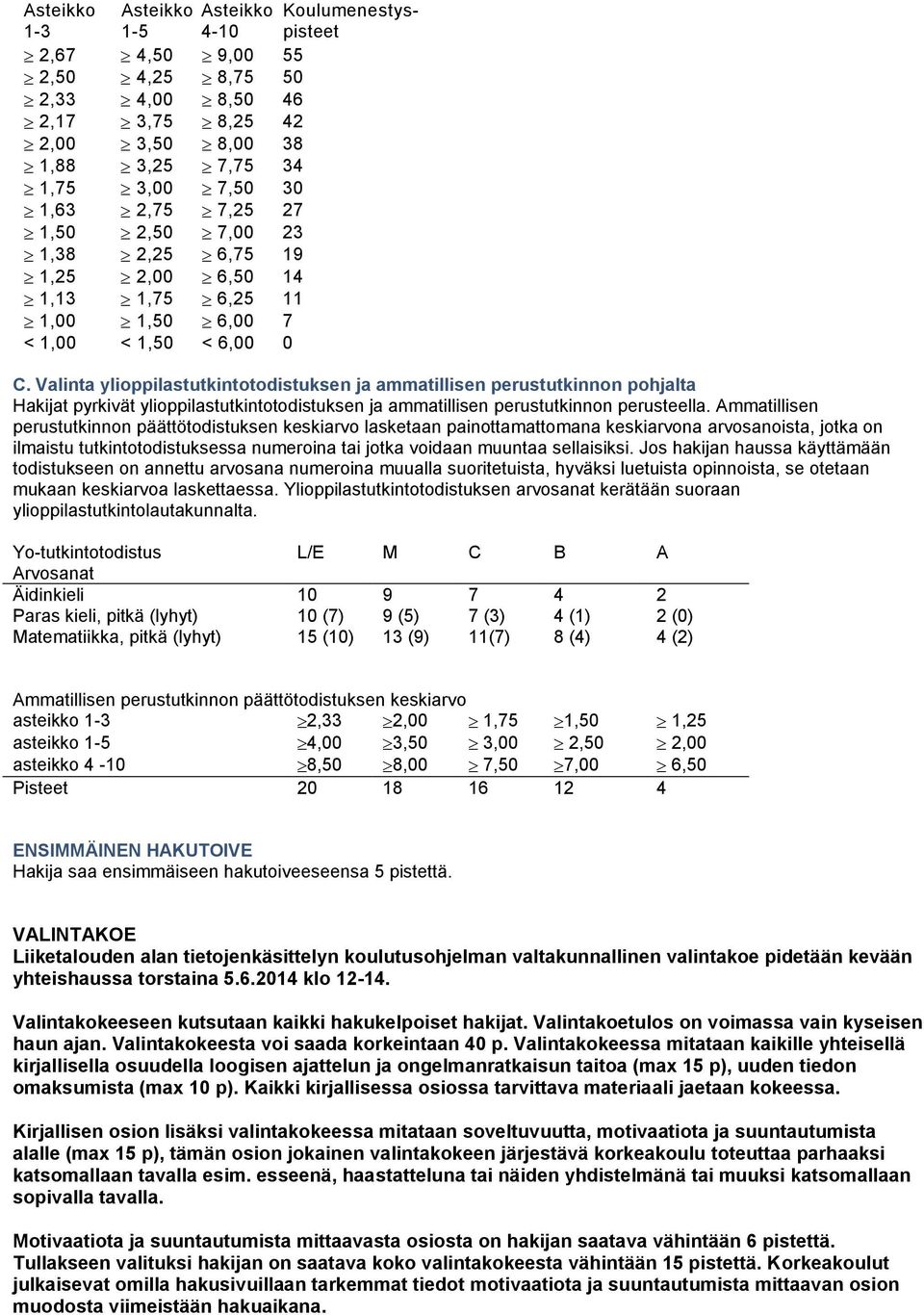 Valinta ylioppilastutkintotodistuksen ja ammatillisen perustutkinnon pohjalta Hakijat pyrkivät ylioppilastutkintotodistuksen ja ammatillisen perustutkinnon perusteella.