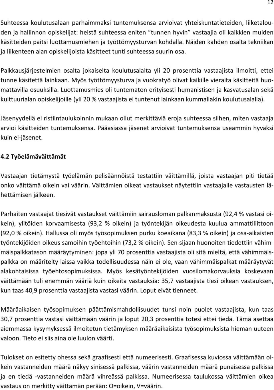 Palkkausjärjestelmien osalta jokaiselta koulutusalalta yli 20 prosenttia vastaajista ilmoitti, ettei tunne käsitettä lainkaan.