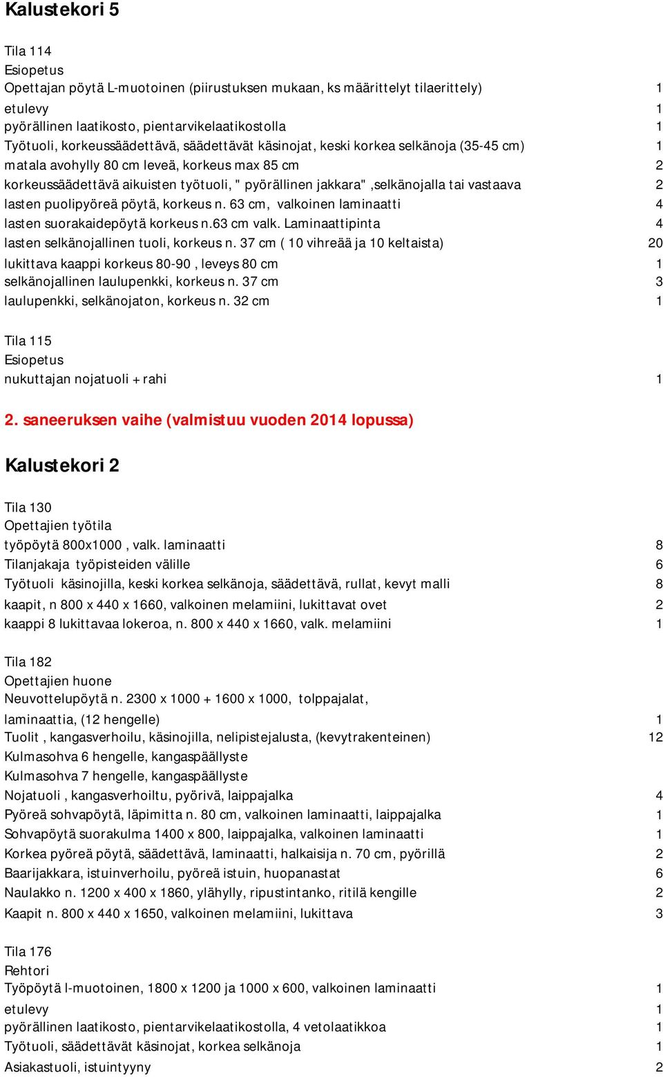 37 cm ( 10 vihreää ja 10 keltaista) 20 lukittava kaappi korkeus 80-90, leveys 80 cm 1 selkänojallinen laulupenkki, korkeus n. 37 cm 3 laulupenkki, selkänojaton, korkeus n.