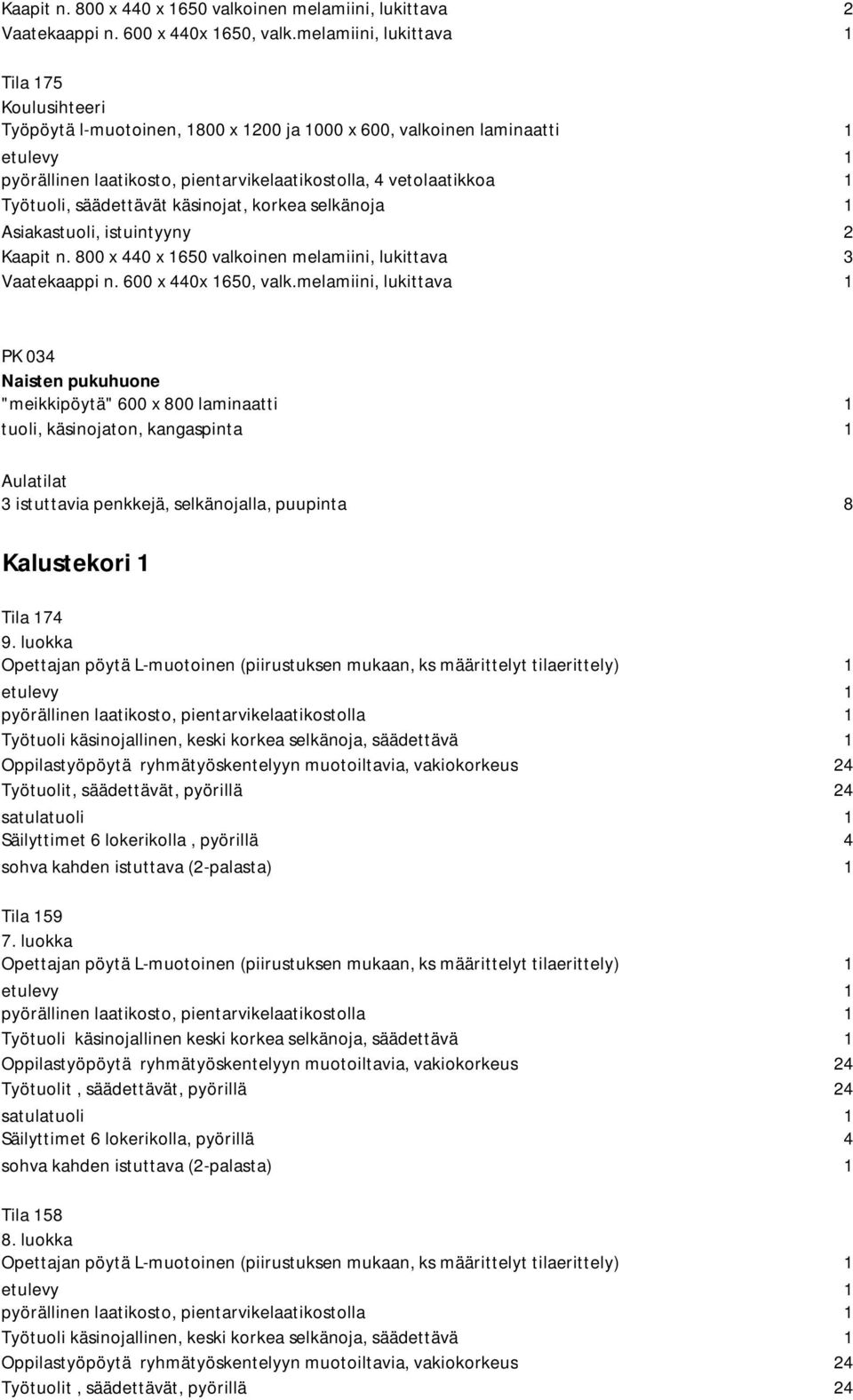 säädettävät käsinojat, korkea selkänoja 1 Asiakastuoli, istuintyyny 2 Kaapit n. 800 x 440 x 1650 valkoinen melamiini, lukittava 3 Vaatekaappi n. 600 x 440x 1650, valk.