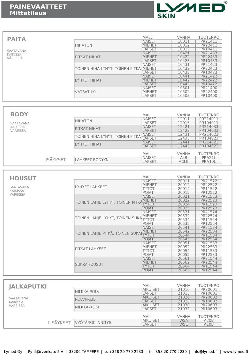 BODY HIHATON PITKÄT HIHAT TOINEN HIHA LYHYT, TOINEN PITKÄ LYHYET HIHAT NAISET 12011 PR214011 LAPSET 12013 PR104011 NAISET 12421 PR214033 LAPSET 12423 PR104033 NAISET 12431 PR214023 LAPSET 12433