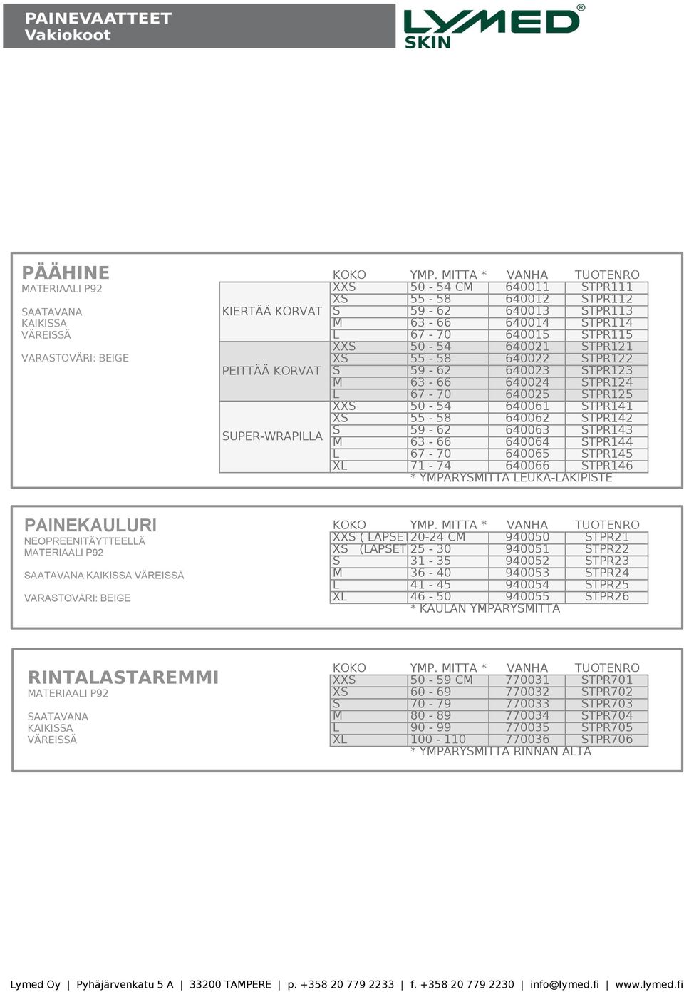 640064 STPR144 L 67-70 640065 STPR145 XL 71-74 640066 STPR146 * YMPÄRYSMITTA LEUKA-LAKIPISTE PAINEKAULURI NEOPREENITÄYTTEELLÄ VARASTOVÄRI: BEIGE XXS ( LAPSET)20-24 CM 940050 STPR21 XS (LAPSET)25-30