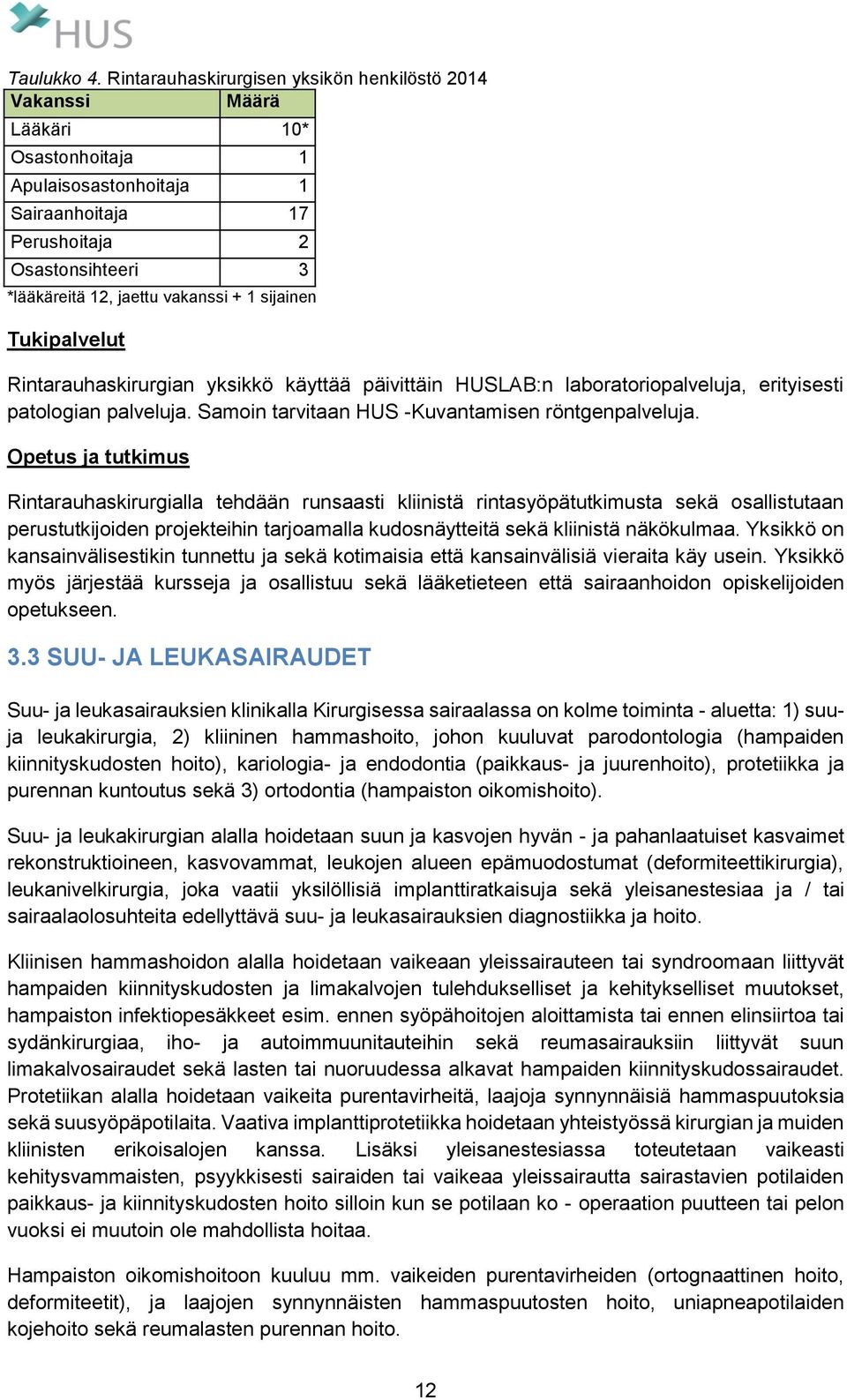 1 sijainen Tukipalvelut Rintarauhaskirurgian yksikkö käyttää päivittäin HUSLAB:n laboratoriopalveluja, erityisesti patologian palveluja. Samoin tarvitaan HUS -Kuvantamisen röntgenpalveluja.