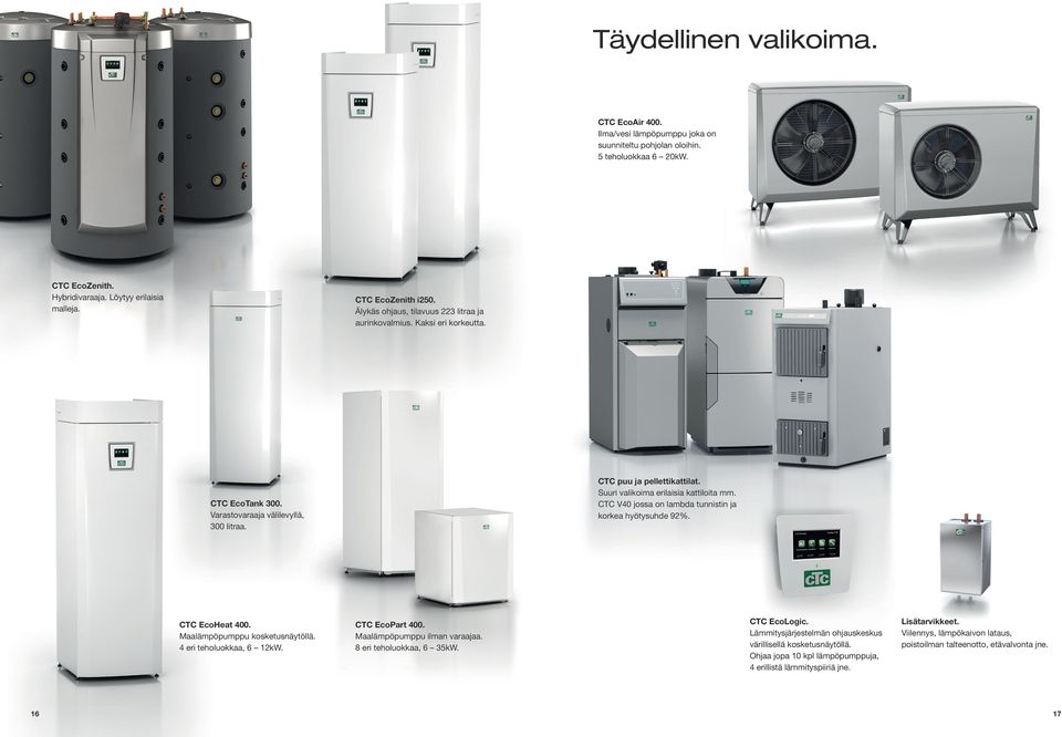 CTC V40 jossa on lambda tunnistin ja korkea hyötysuhde 92%. CTC EcoTank 300. Varastovaraaja välilevyllä, 300 litraa. CTC EcoHeat 400. Maalämpöpumppu kosketusnäytöllä. 4 eri teholuokkaa, 6 12kW.