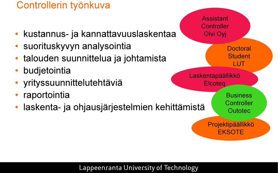 raportointia laskenta- ja ohjausjärjestelmien kehittämistä Assistant Controller Olvi