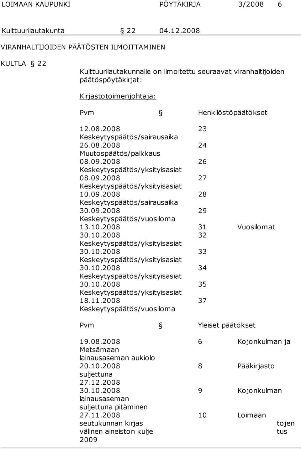 08.2008 24 Muutospäätös/palkkaus 08.09.2008 26 Keskeytyspäätös/yksityisasiat 08.09.2008 27 Keskeytyspäätös/yksityisasiat 10.09.2008 28 Keskeytyspäätös/sairausaika 30.09.2008 29 Keskeytyspäätös/vuosiloma 13.