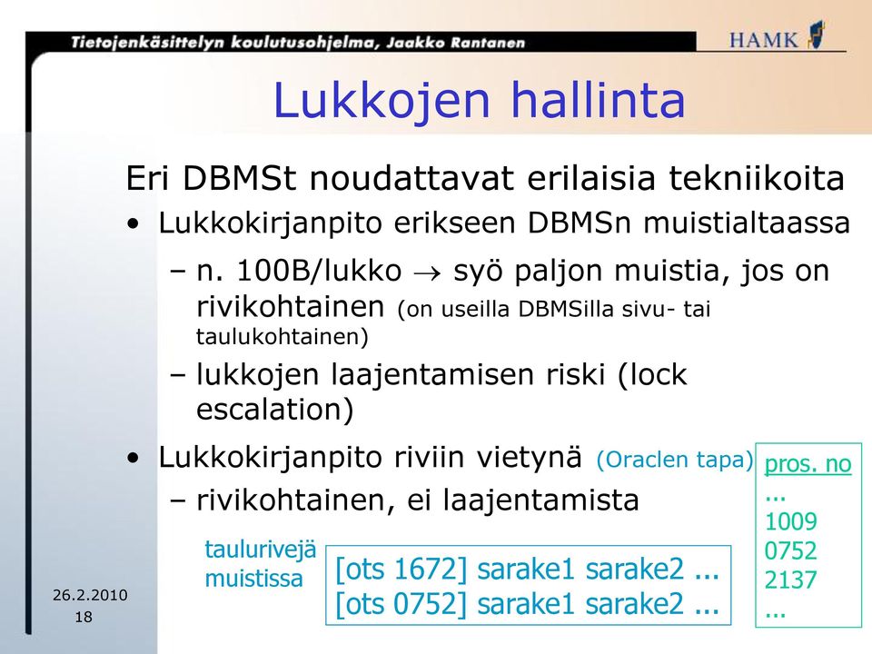 laajentamisen riski (lock escalation) 18 Lukkokirjanpito riviin vietynä (Oraclen tapa) rivikohtainen, ei