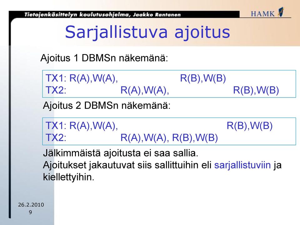 R(A),W(A), R(B),W(B) R(B),W(B) Jälkimmäistä ajoitusta ei saa sallia.