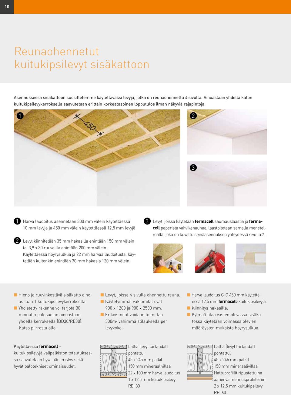 1 2 3 1 2 Harva laudoitus asennetaan 300 mm välein käytettäessä 10 mm levyjä ja 450 mm välein käytettäessä 12,5 mm levyjä.