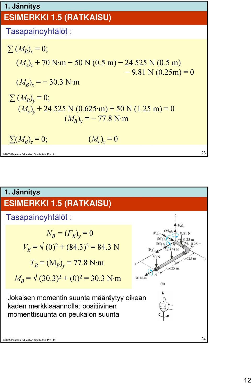 8 N m (M B ) z = 0; (M c ) z = 0 23 ESIMERKKI 1.5 (RATKAISU) Tasapainoyhtälöt : N B = (F B ) y = 0 V B = (0) 2 + (84.3) 2 = 84.