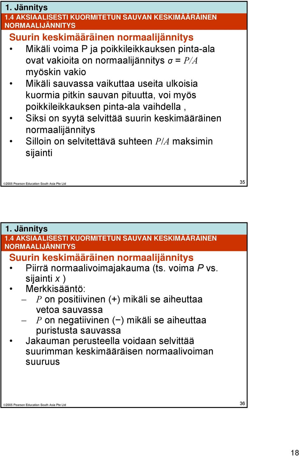 Silloin on selvitettävä suhteen P/A maksimin sijainti 35 1.4 AKSIAALISESTI KUORMITETUN SAUVAN KESKIMÄÄRÄINEN NORMAALIJÄNNITYS Suurin keskimääräinen normaalijännitys Piirrä normaalivoimajakauma (ts.