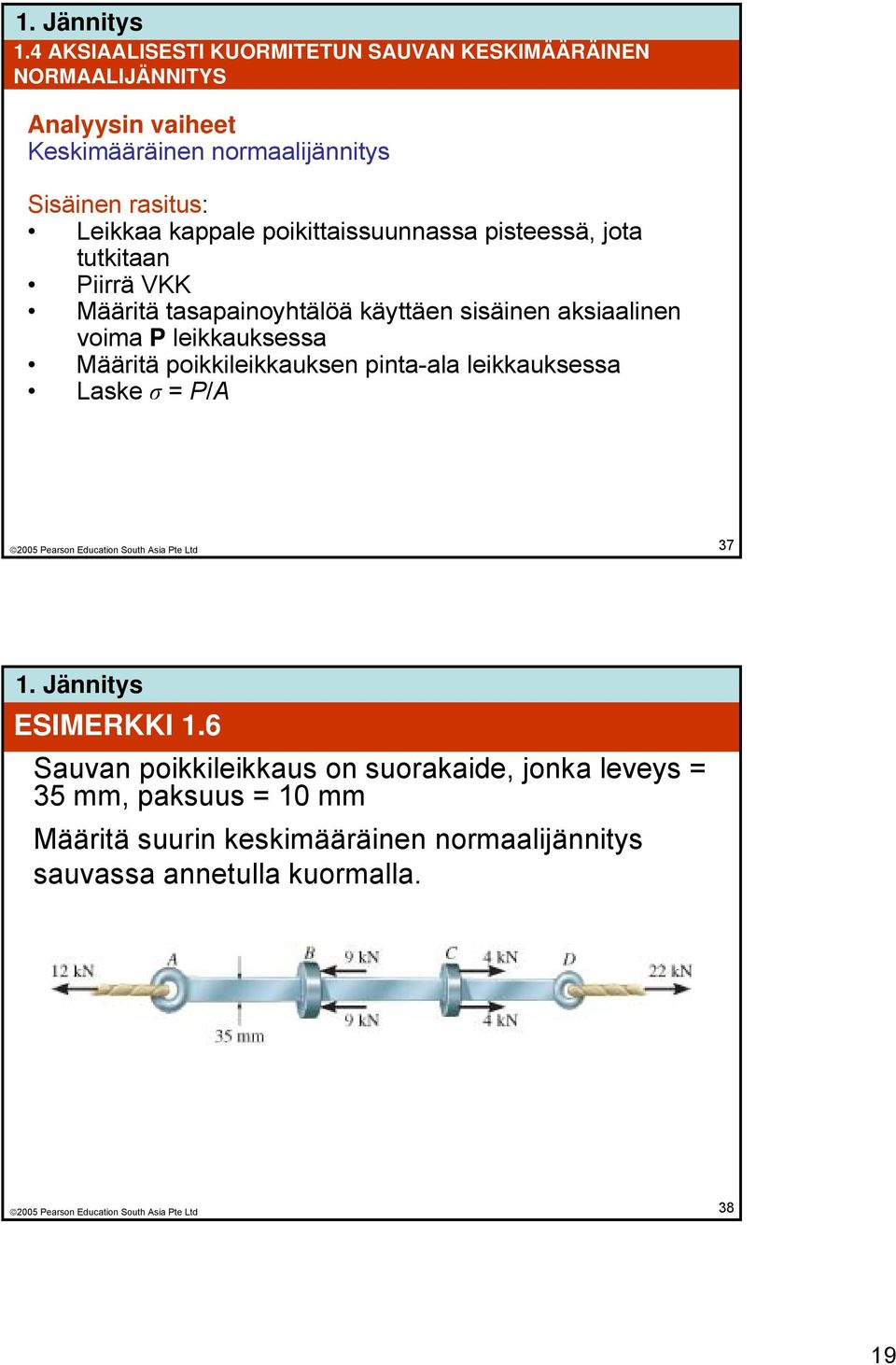 aksiaalinen voima P leikkauksessa Määritä poikkileikkauksen pinta-ala leikkauksessa Laske σ = P/A 37 ESIMERKKI 1.