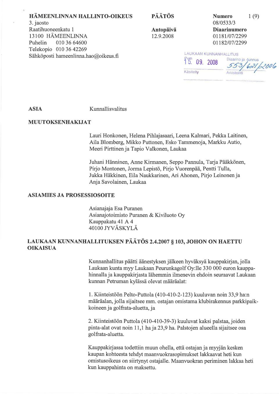 Kà;'i lit ASIA Kunnallisvalitus MUUTOKSENHAKIJAT ASIAMIES JA PROSESSIOSOITE Lauri Honkonen, Helena Pihlaj asaari, Leena Kalmari, P ekka Laitinen, Aila Blomberg, Mikko Puttonen, Esko Tammenoja, Markku